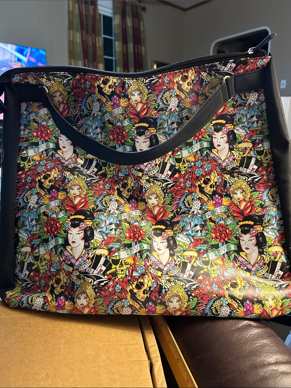 Ed HARDY “Kiss of Death “ Vinyl Geisha Girl , “LoVE “ “Tattoo” Tote Bag EUC
